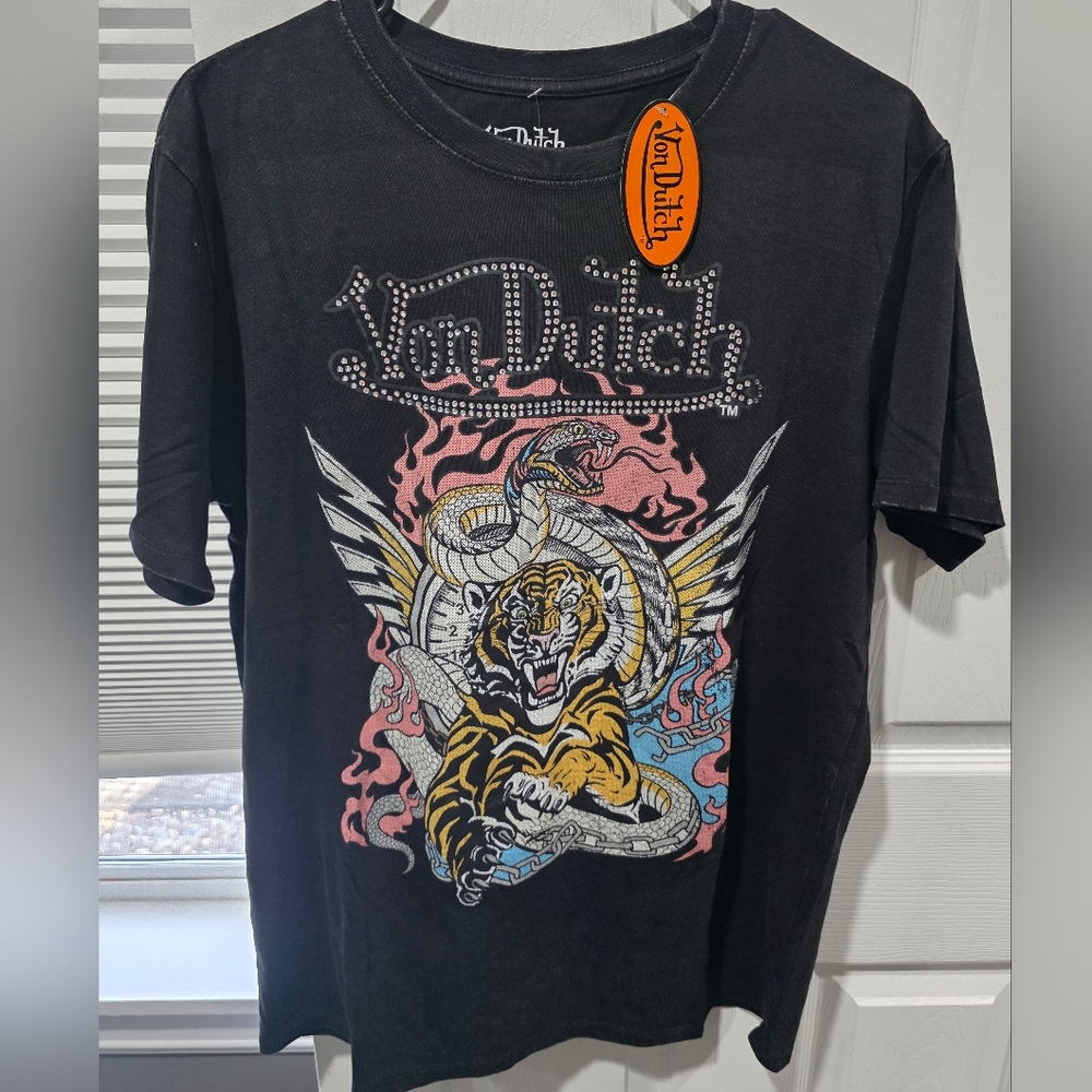 NWT Von Dutch Black Vintage Style Wash Rhinestone Logo Snake T-Shirt Mens Size L